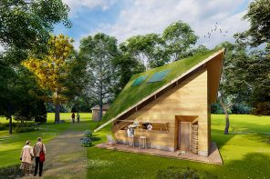 这种夯的地球微小的家庭概念重新诠释了养款器与倾斜的绿色屋顶和光伏电池板！