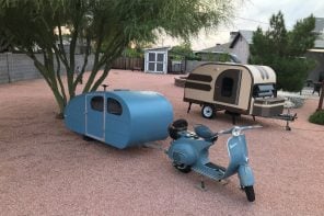 This Vespa teardrop trailer made of foam, incorporates a functional kitchen and space to sleep the rider