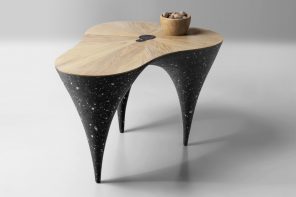 这款独特的咖啡桌融合了对比鲜明的元素，赋予了它独特的个性