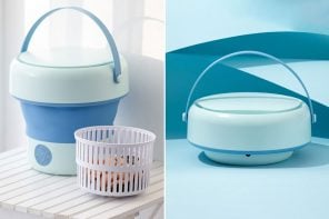 Portable washing machine concept folds down like a collapsible silicone cup