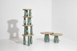 Stone-like tables made from recycled construction wood are inspired by Korean architecture