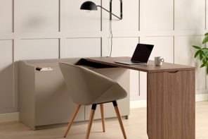 这个餐具柜波动在90度下形成一个在家工作的办公桌和函数作为一个灵活的存储解决方案